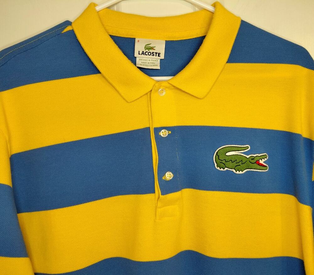 Oversized Lacoste Mens Striped Polo Shirt 8 3XL Big Logo XL Croc Yellow Blue